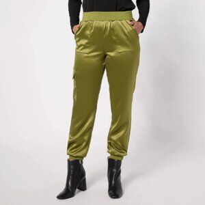 LOGO Lori Goldstein Satin Cargo Pant Rib Waistband-Olive Branch-XL-NEW-A629608
